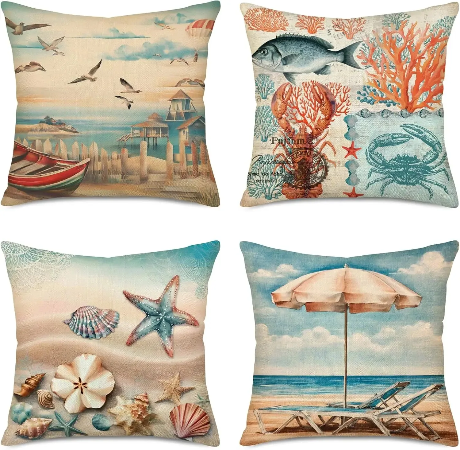 of 4 Summer Beach Throw Pillow Cases Marine Animal Fish Starfish Crab Pattern Throw Pillow Cushion Cover Cotton Linen Ocean Sea