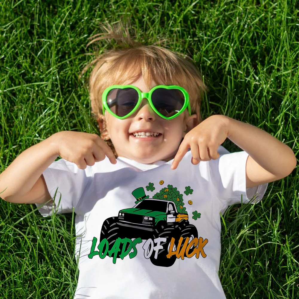 Kids St. Patrick's Day Shirt for Boys Girls Clover T-Shirts Loads of Luck Printed Short Sleeve Tees Truck Pattern Tops 1-12Years