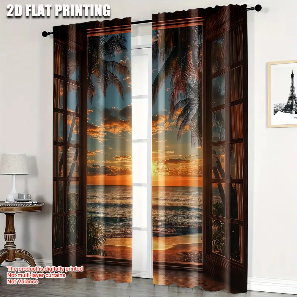 2pcs, 2D flat printing Window Curtains Sunset Beach View Window Image Versatile Fabric,Without Electricity Birthday Party