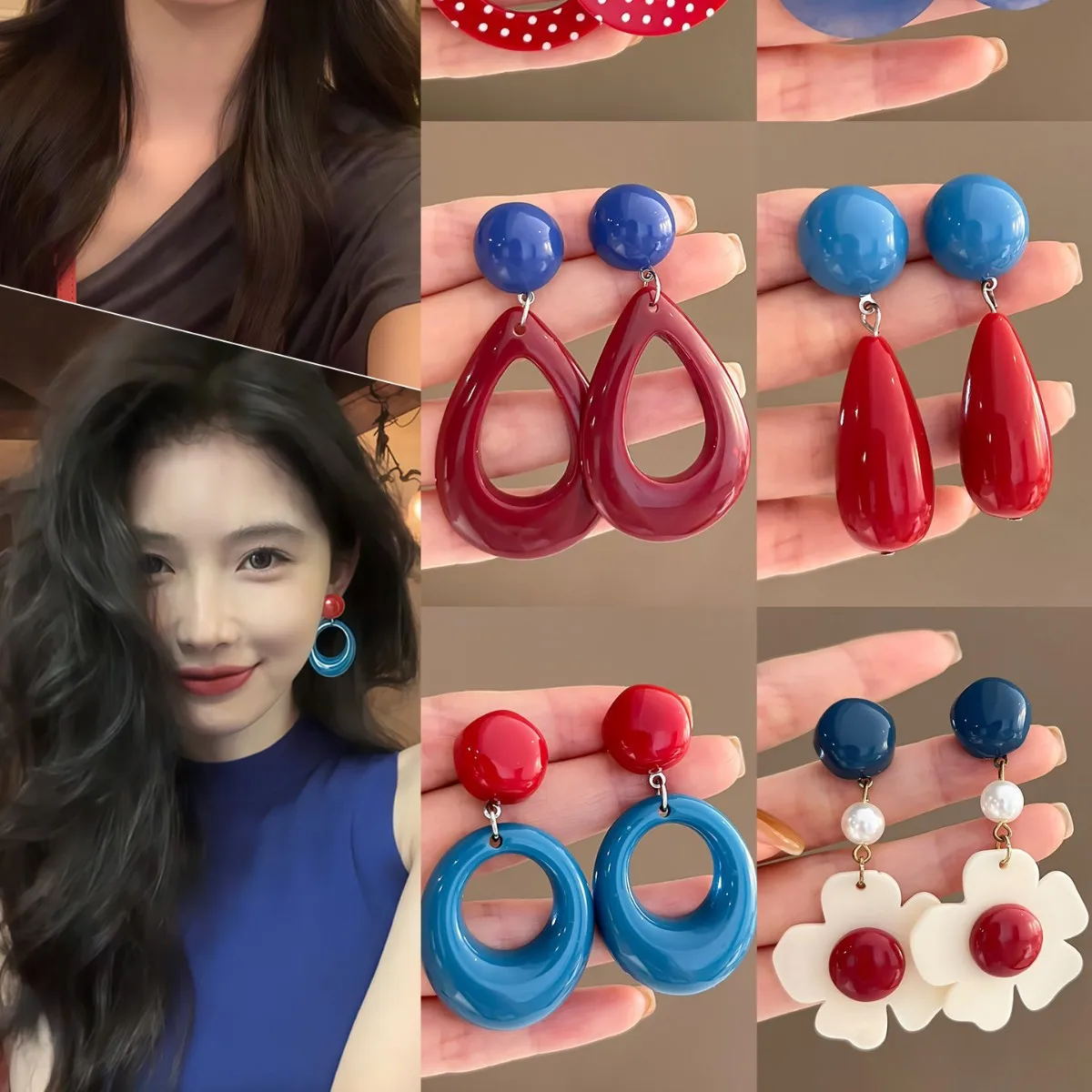 Color Block Stud Earrings Retro Hong Kong Style Acrylic Lightweight Versatile Elegant Daily Wear Jewelry for Women