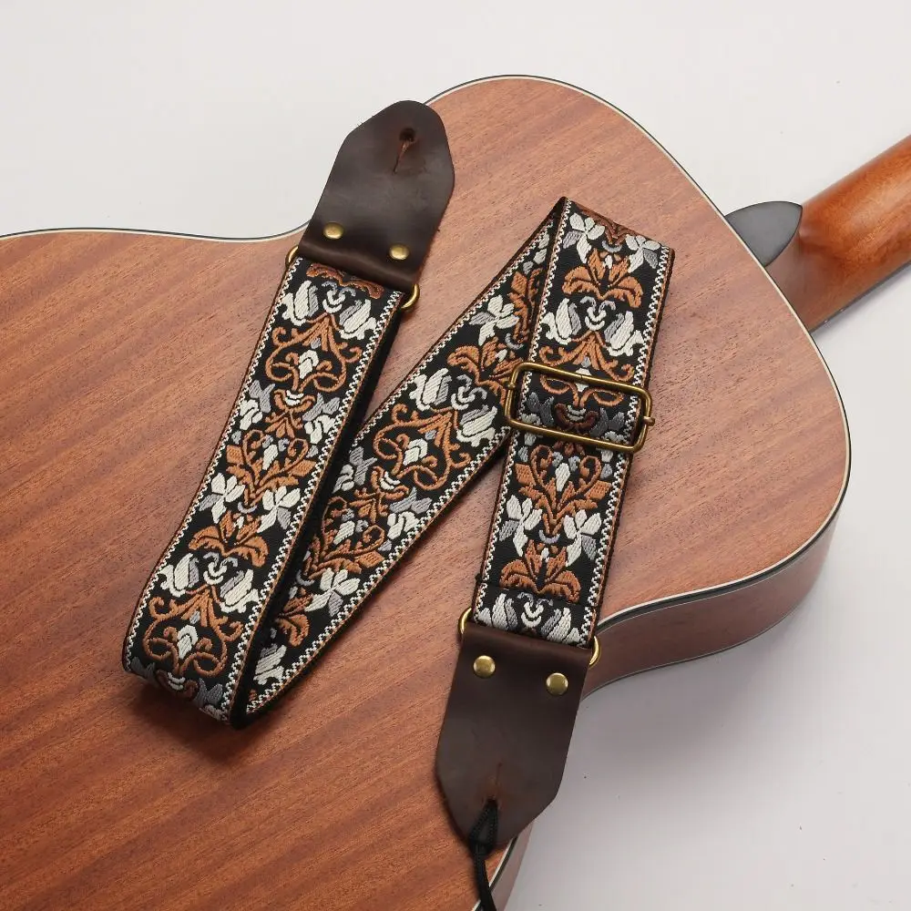 Vintage Flowers Embroidered Guitar Strap Tail Nail Pick Leather Head Guitar Strap Belt Cotton Adjustable Electric Guitar Belt