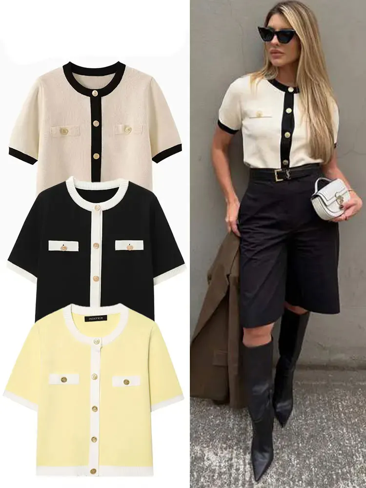 أنيقة المرأة سترة مشغولة من الصوف س الرقبة قصيرة الأكمام واحدة الصدر معاطف 2025 الصيف البرية الأساسية امرأة سترة