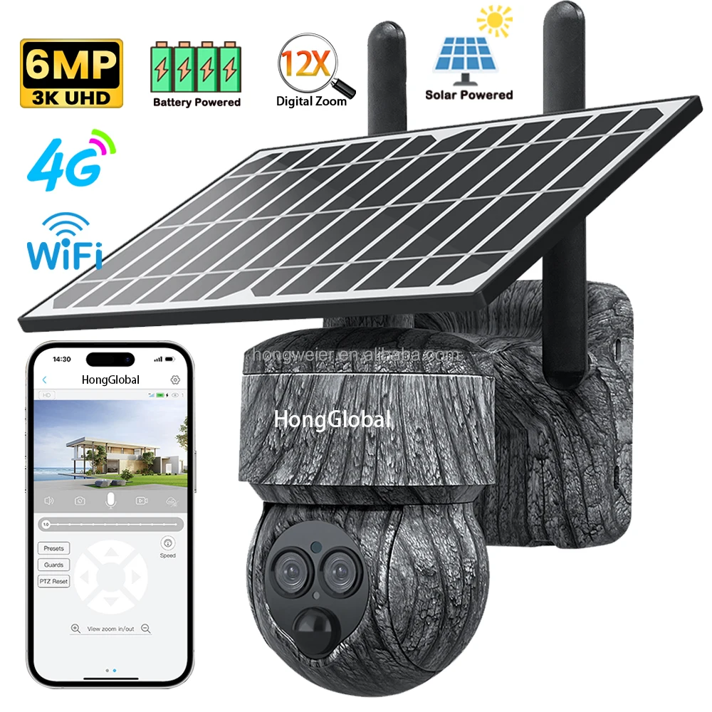 

HongGlobal 6MP Camouflage Dual Lens Wireless Solar PTZ Surveil Camera Ubox 12X Zoom 4G Sim Card WiFi Security Solar CCTV Camera