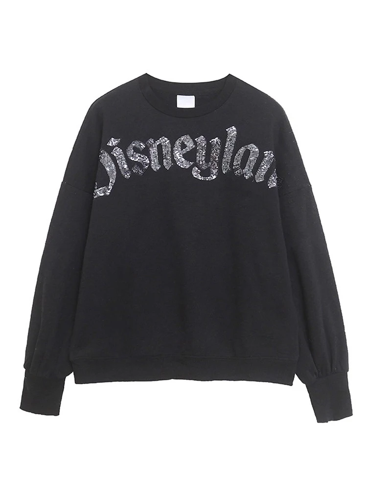 ديزني الترتر ديزني لاند إلكتروني طباعة التطريز البلوز المرأة س الرقبة بريق البلوفرات البلوز القمم الصوف للجنسين 2025 جديد