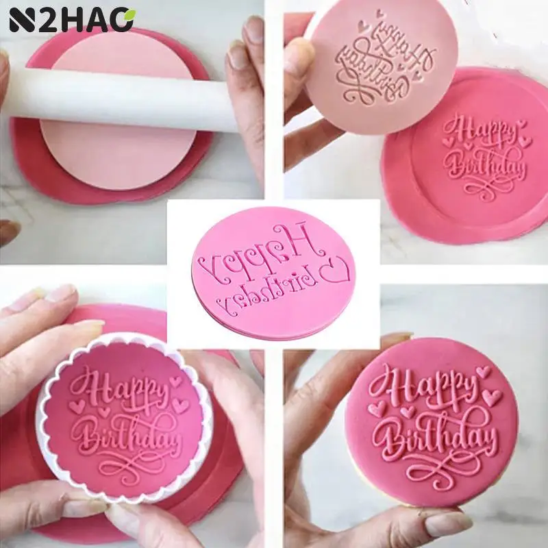 Acrylic Cookie Embosser Mold Happy Birthday Pattern Cake Stencil Fondant Icing Biscuit Mold Baking Supplies Cake Decorating Tool