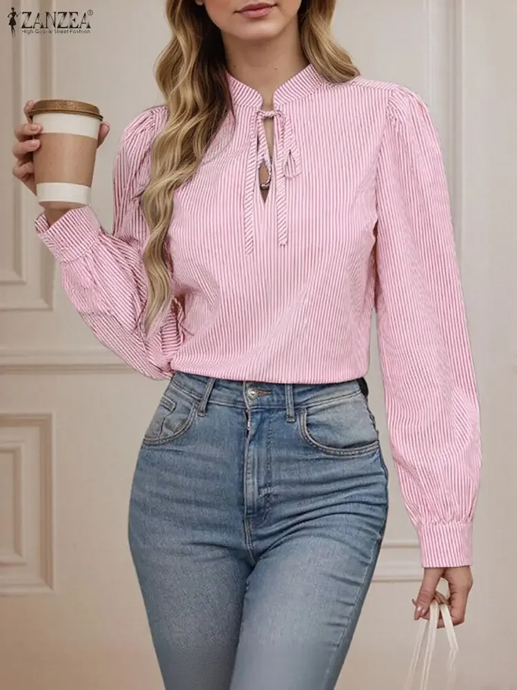 

2025 ZANZEA Fashion Women Striped Blouse Autumn Bandage Casual Loose Tops OL Elegant Office Lady Shirts Puff Long Sleeve Blusas