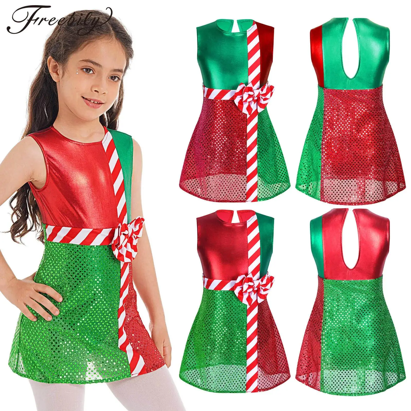 2025 New Year Girls Striped Color Block Christmas Dress Up Shiny Metallic Dance Leotard Dress Cosplay Xmas Party Stage Costume