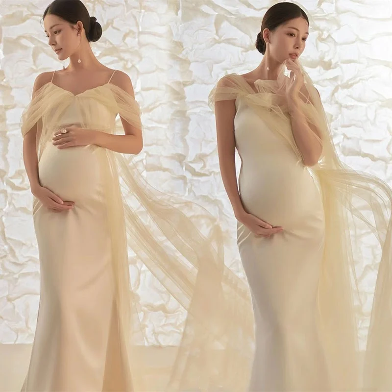 Maternity Elegant Strapless Dress Pregnant Women Photography Dress Baby Shower Party Dress Studio Shooting Props