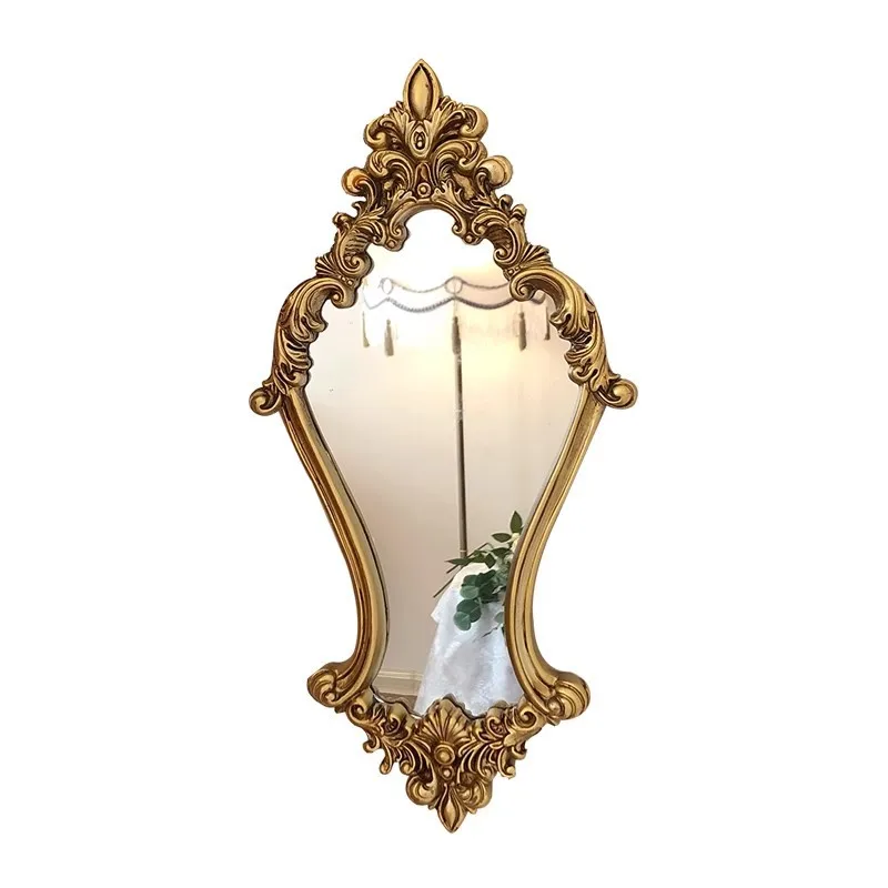 Retro carved beauty mirror, mid-century light luxury wall-mounted European mirror, makeup mirror combination decorative painting