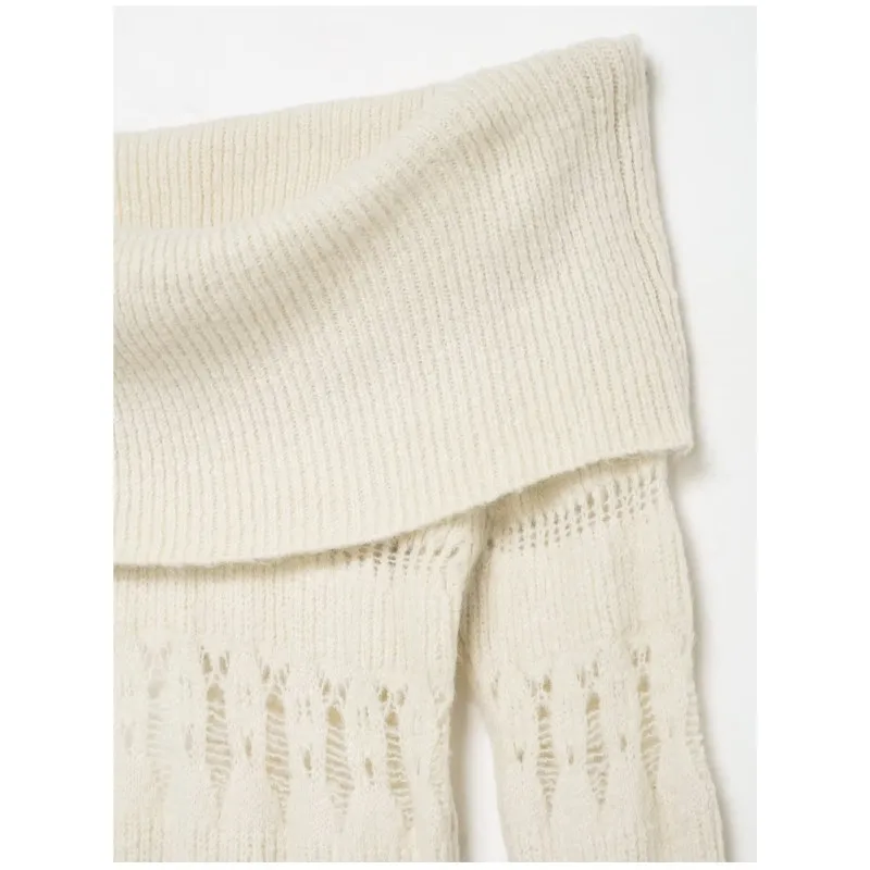 Frühling Frauen Pullover mit Durchbrochene weg von der Schulter Stricken Casual Weibliche Pullover Lange Ärmel Ausgestelltes Saum Weibliche Chic Tops
