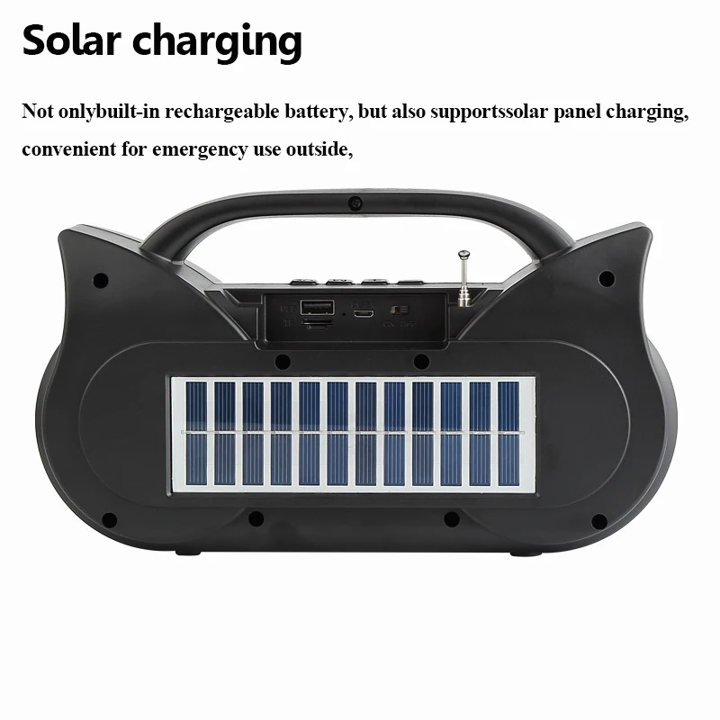 Radio FM portátil con carga Solar para exteriores, altavoz estéreo con Bluetooth, manos libres, reproductor de música, compatible con TF, USB y AUX