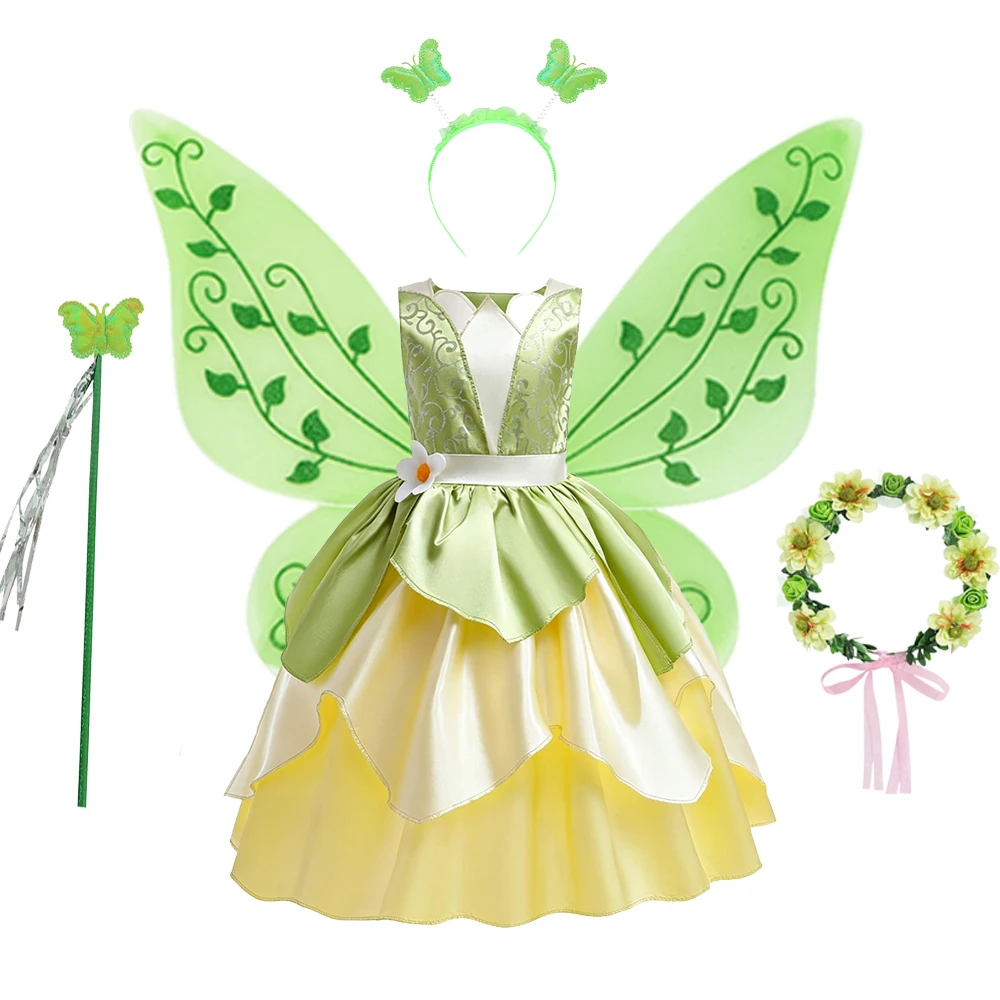 Tiana Kostüm Mädchen Grünes Prinzessinnenkleid mit Feenflügeln Krone Zauberstab für Mädchen Bühnenauftritt Halloween Cosplay – Detail 8
