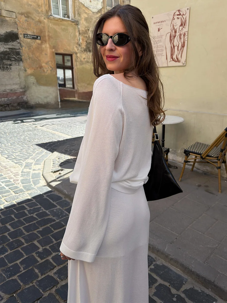 LIinar Ice Blue Sheer Sweater Sets Loose-Fitting Off Shoulder Sweater and Semi-Sheer Knit Skirt Set 2026 Spring Summer Women Set