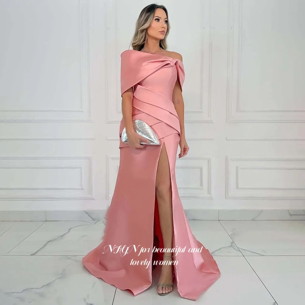 

NFYN Off Shoulder Evening Dress Blush High Slit Prom Dress Satin Party Dress Long Train robe مناسبة رسمية Customized