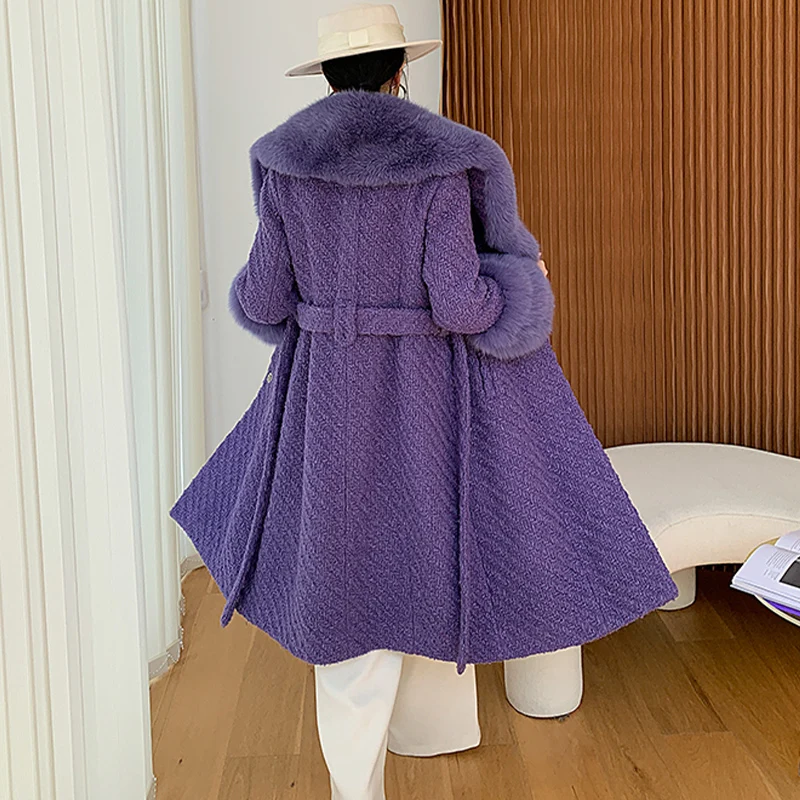 2023 New Winter Women Wool Blends Long Coat Real Fox Fur Collar Cuffs Thick Warm Jacket Tweed New Luxury Outwear Female Coat