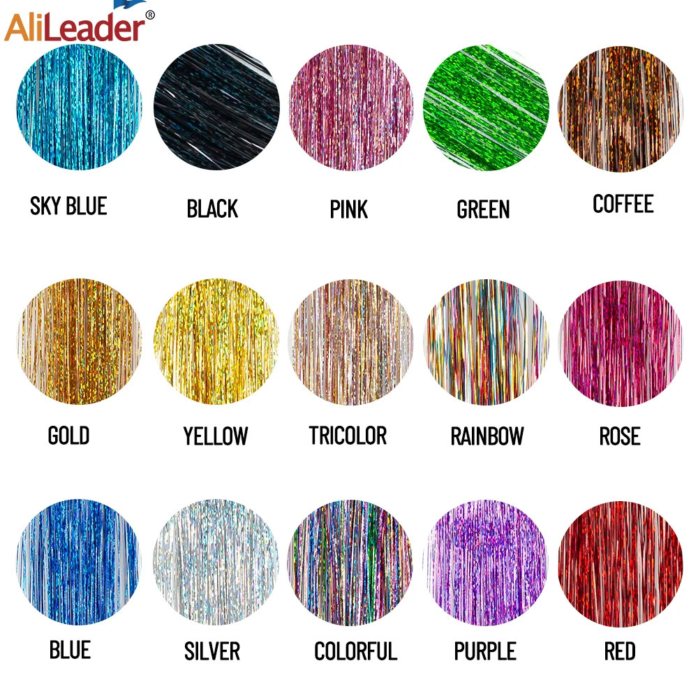 Straight Rainbow Colored Party Highlights Clip On In Hair Extensions Bling Hair Piece Synthetic Hairpieces Sparkling Tinsel Red