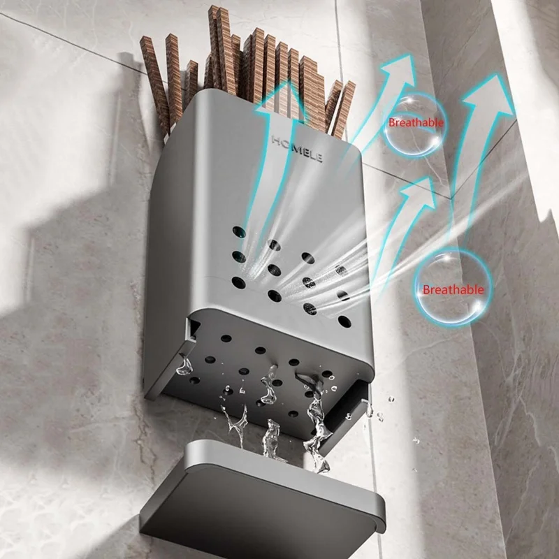 1pc Flatware Organizer Multifunctional Wall-Mounted Cutlery Storage Rack With Detachable Water Drain Base Chopsticks Holder