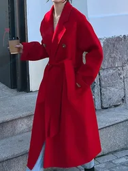 LANMREM Red Double-sided Wool Coat For Women Cashmere Double Breasted Long Sleeves Belt Woolen Coats Female Clothing 2DA7715