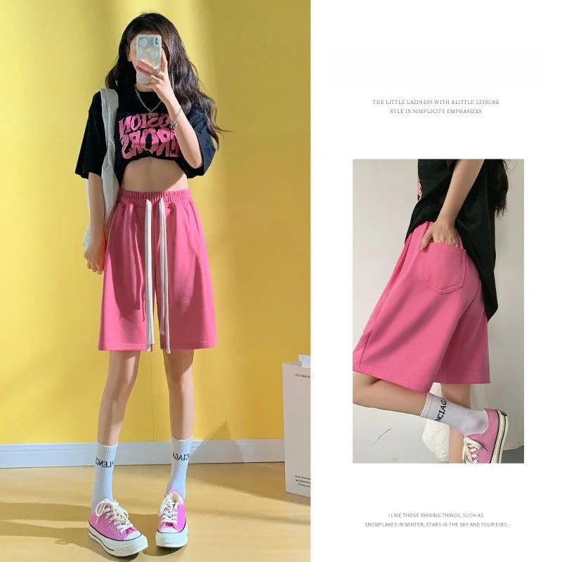 ピンク スポーツ レディース 夏 薄手 ハイウエスト ルーズ スリミング ファイブクォーター ストレートレッグ スウェット カジュアル パンツ H975