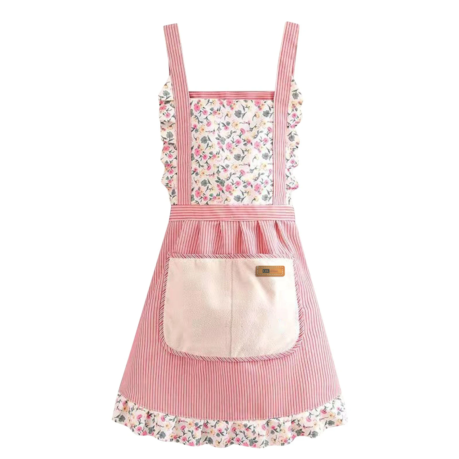 Pink Floral Printed Canvas Apron For Household Hand Erasable Apron For Kitchen Breathable Cooking Waist Hugging Work Clothes