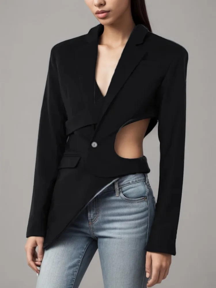 KBQ Hollow Out Asymmetrical Chic Blazer For Women Notched Collar Long Sleeve Spliced Button Slim Solid Blazers Female Fashion