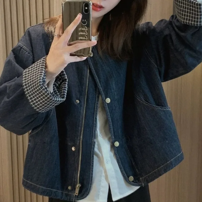 المرأة الرجعية الكورية Sle منقوشة طويلة Sve جولة Ne الدنيم Jaet الربيع Faionable تنوعا مزيج القطن والبوليستر #5