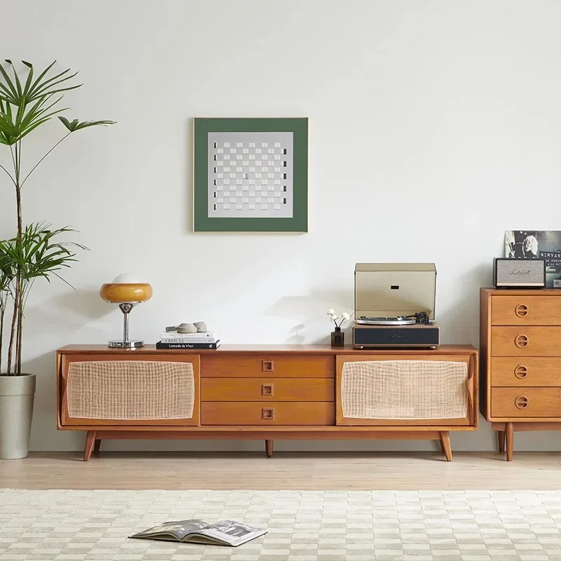 

boxwood TV cabinet solid wood retro wind floor cabinet rattan weaving living room bedroom floor medieval