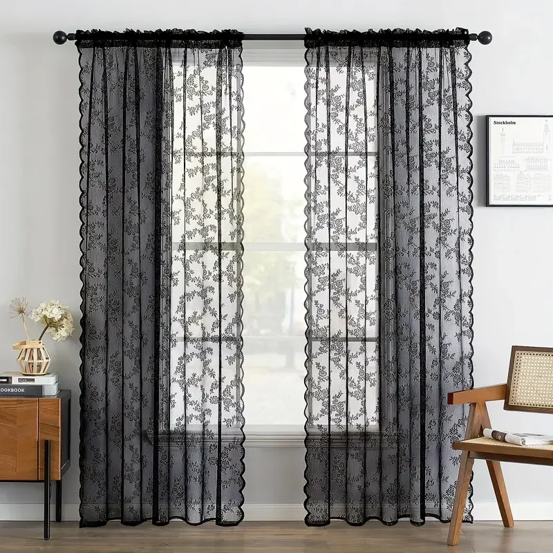 1pc Vintage Floral Embroidery Clear Black Lace Curtain Panel - Privacy & Light Filtering, Machine Washable,