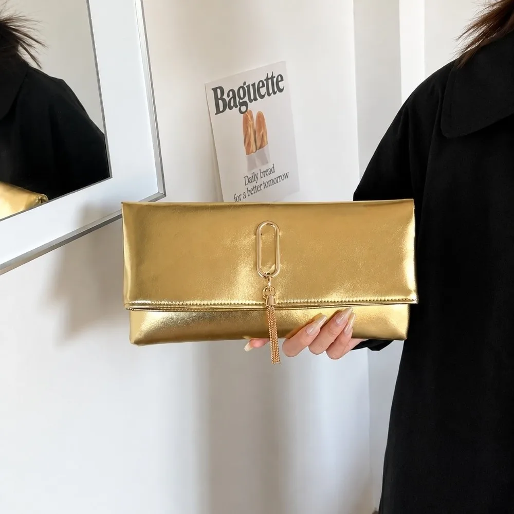 Metallic Faux Leather Women Clutch Bag Tassel Decoration Fold‑over Style Evening Handbag Multi Color Option Rectangular Shape