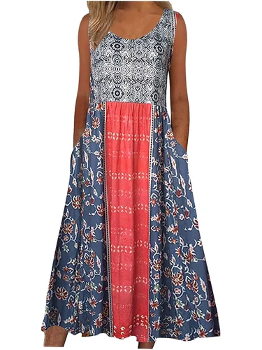 Imagen 2 del producto ¡2025 verano nuevo! Vestido de playa MIDI informal floral bohemio sin mangas para mujer con bolsillos que fluyen y sueltos