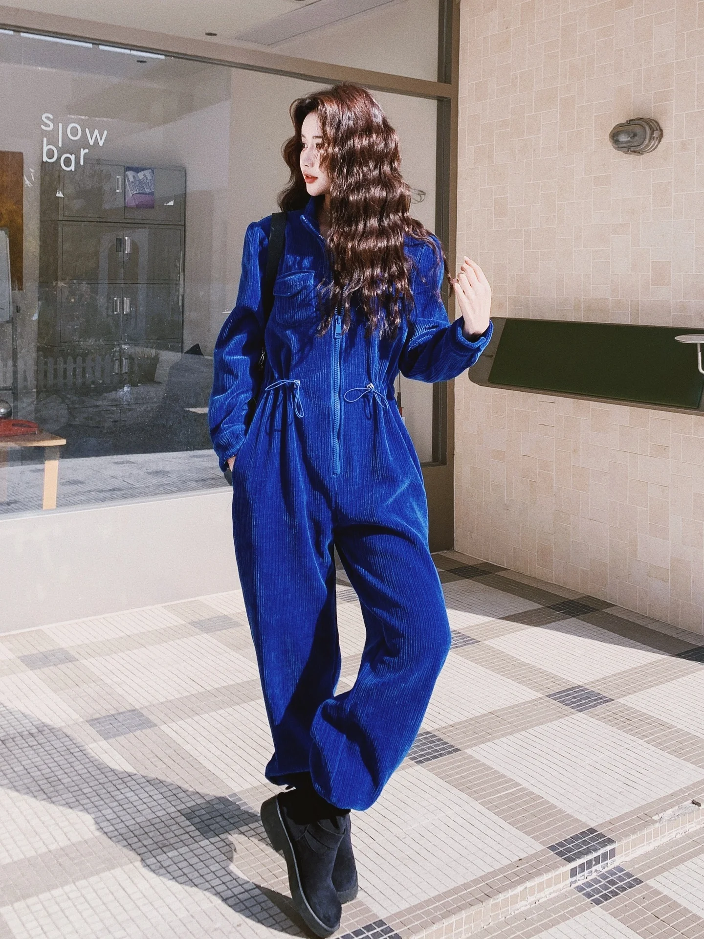 

Loose Blue One-Piece Pants for Women Stand Collar Long Trousers High Waist Faion Design Spring 2026 Korean Sle Workwear