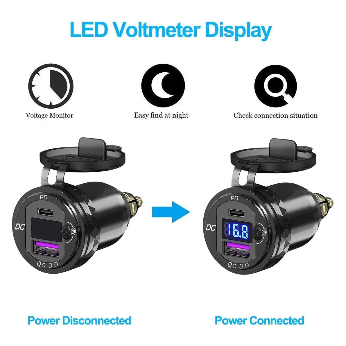 USB C PD 3.0 & QC 3.0 USB Charger Socket Power Adapter with Voltmeter and ON-Off Switch for BMW Ducati Triumph Motorcycle