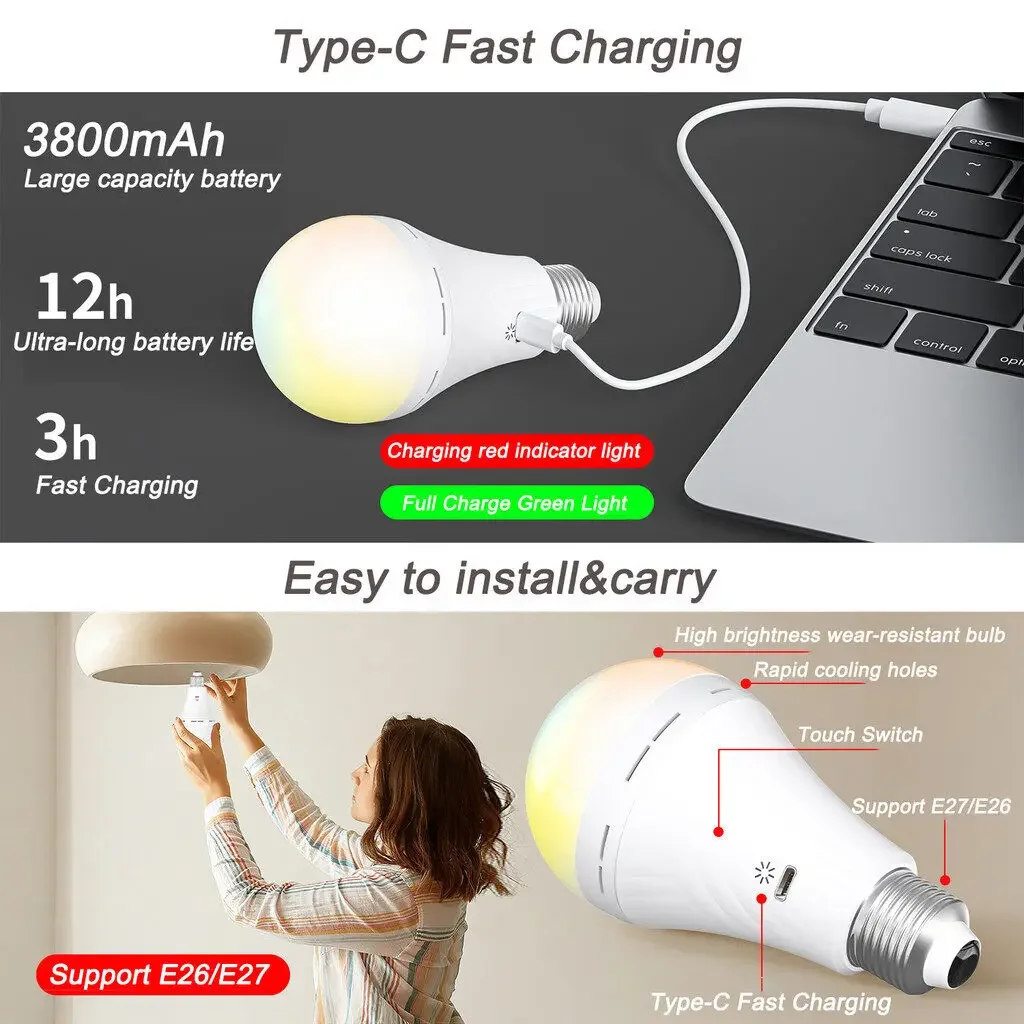 리모컨 배터리 전원 USB C 충전식 전구, E27 터치 컨트롤, 조도 조절 LED 전구, 10W, 신제품