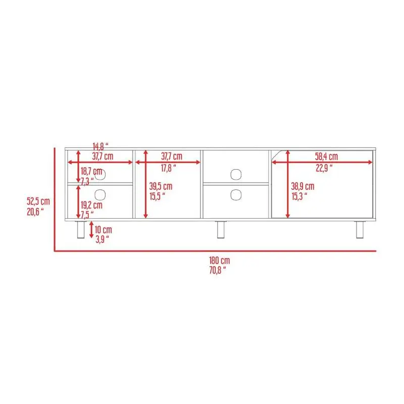 Supporto TV Conquest per TV fino a 70 pollici, 4 ripiani aperti, 5 gambe, finitura rovere chiaro, design moderno, mobili salvaspazio per
