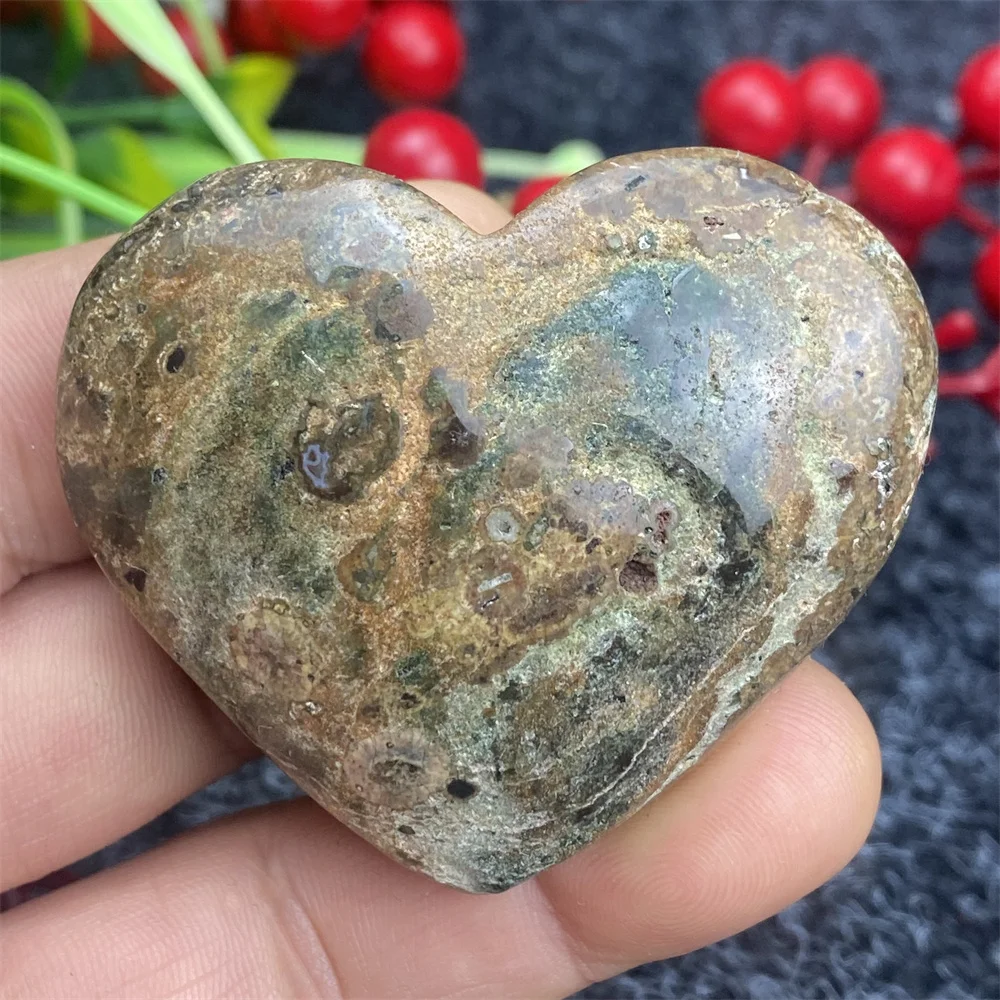 Natural Green Cherry Blossom Stone Agate Gemstone Hand Carved Heart Shape Healing Aura Home Decoration Holiday Gift LOVE