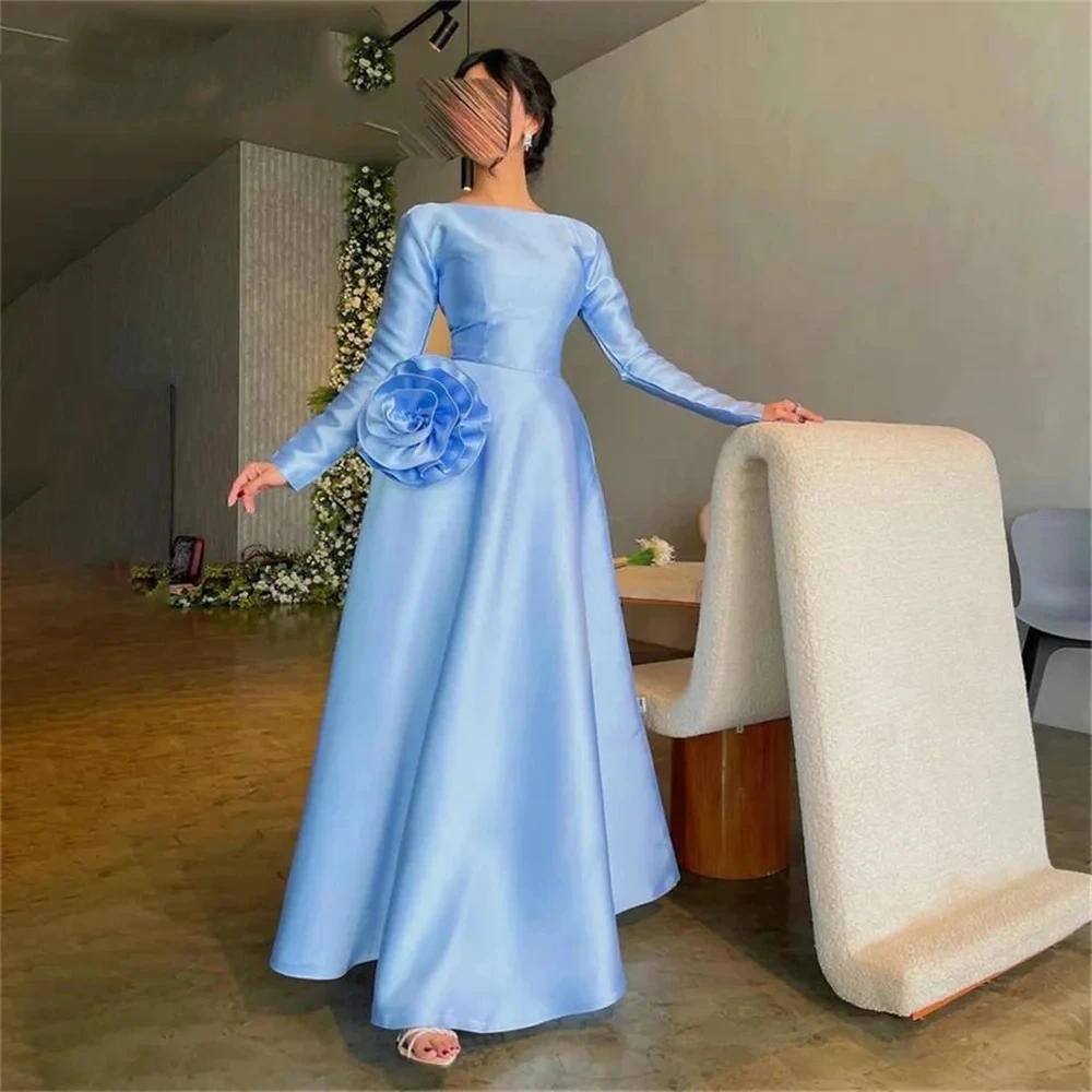 

Romantic Blue Satin Prom Dresses A-Line Long Sleeves O-Neck Ankle-Length Flower Formal Party Evening Gown For Women فساتين السه