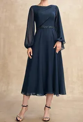 A-Line Mother of the Bride Dress Elegant Floor Length Chiffon Wedding Guest Evening Dress Long Sleeve Ruched Ruffles robe soirée