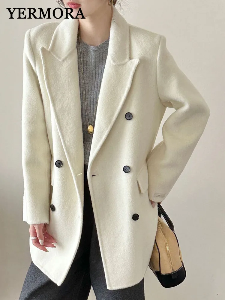 

YERMORA White Button Casual Warm Wool Blazer For Women Lapel Long Sleeve Loose New Jacket Fashion Tide Autumn Winter 2025