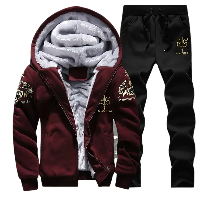 Men Winter Tracksuits Sets Hoodies Casual Hooded Warm Sweatshirts+Pants Thicker Fleece Jacket+Pants Men Moleton Masculino M-4XL