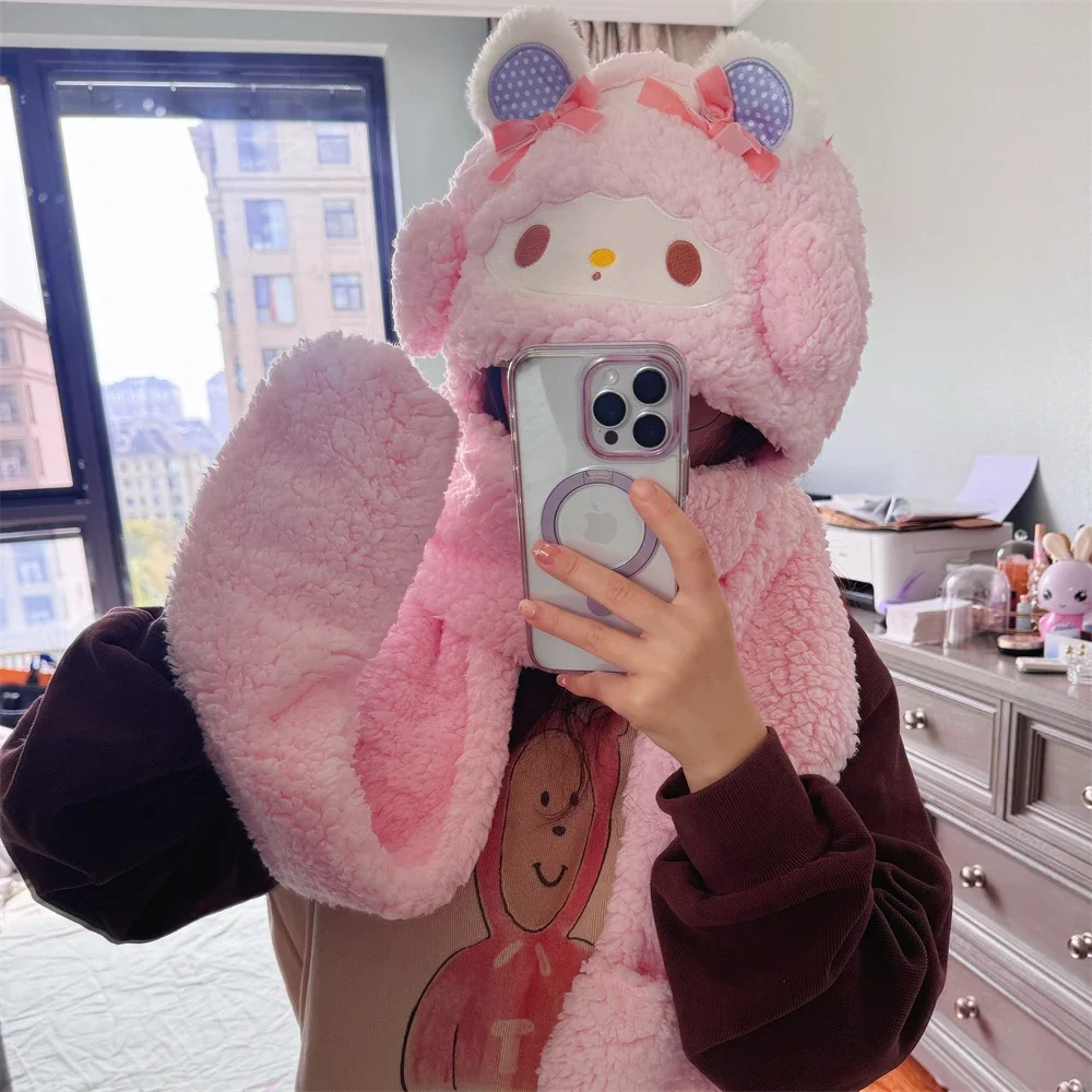 Sanrio Warm Winter Hooded Scarf My Melody Sweet Piano Pink Scarf Kawaii Japanese Style Plush Multi Functional Scarf Gifts Girl