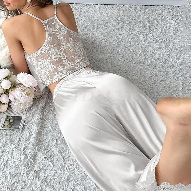 Lace Backless Cami Top Pants Home Wear Women's Lingerie Sexy Mesh Perspective Pajamas Set 2PCS Comfortable Sleepwear Loungwear