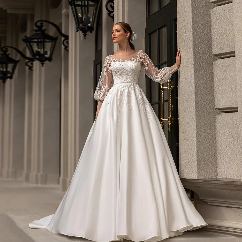 Classic Satin Wedding Dresses 2025 for Women O-Neck Long Sleeves Applique Bride Dress Sweep Train A-Line Wedding Party Gonws