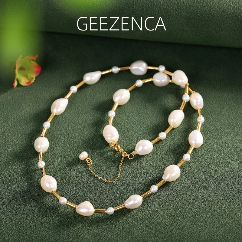 GEEZENCA Natural Baroque Pearl Beads 925 Silver 40cm Chokers Necklace For Women Luxury Trendy 18K Gold Necklaces 2023 New Gift