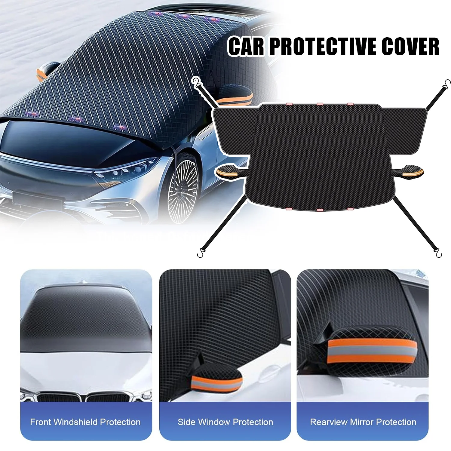 Copertura per parabrezza auto da 146x112 cm, realizzata in tessuto Oxford rinforzato, resistente al gelo e al ghiaccio, con 6 magneti integrati, protezione riflettente per gli specchietti laterali,
