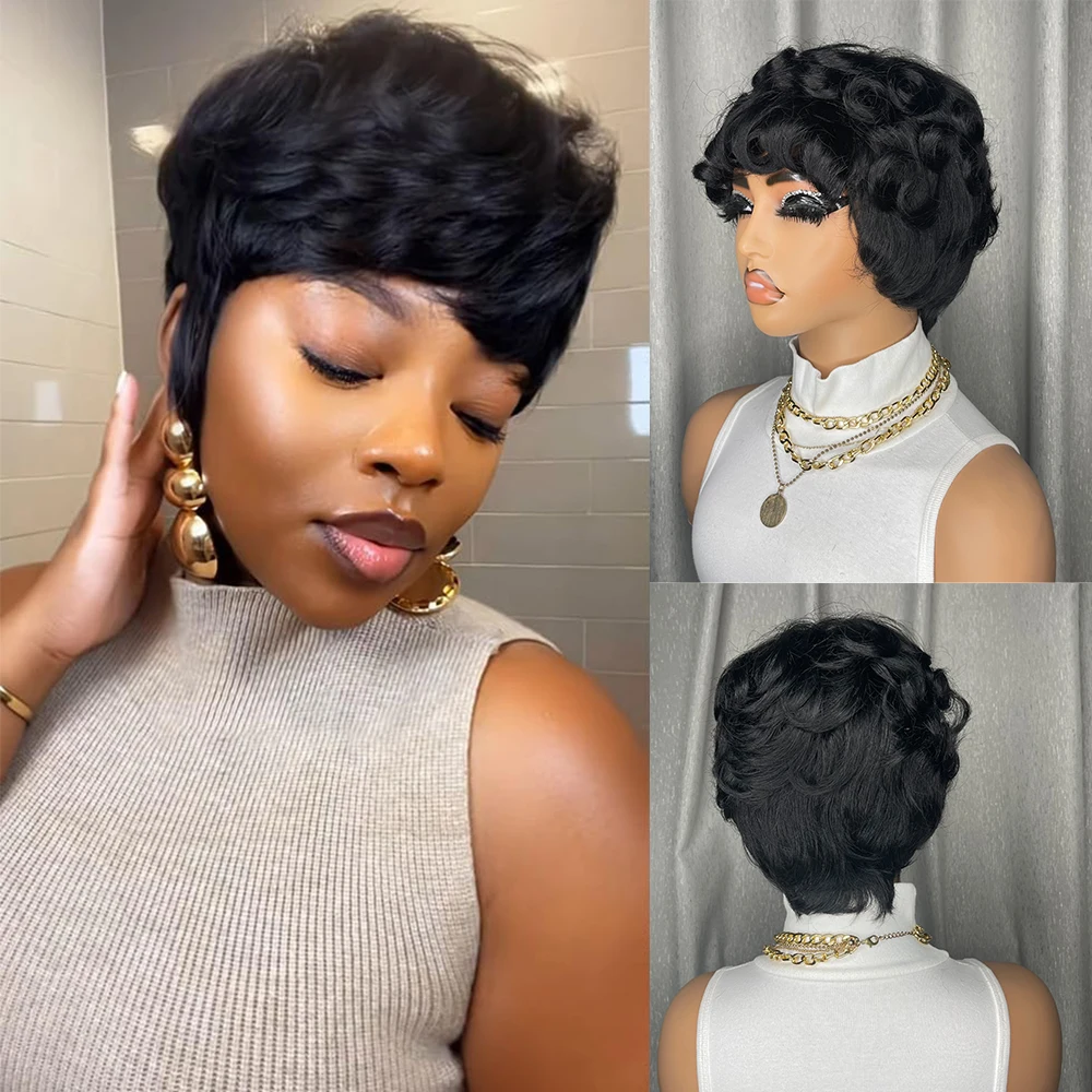 1B# Pixie Cut Human Hair Wig Loose Wave Brazilian Hair Natural black Pixie Cut Wig for Woman Baby Hair 6inch Full machine Made
