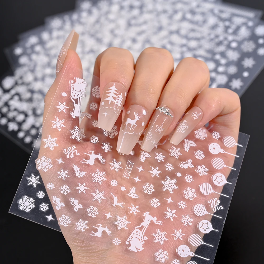 1Pc White Snowflakes Nail Sticker 3D Christmas Elk Snowman Adhesive Sliders Winter Snowflake Decals Xmas Manicure Decoration