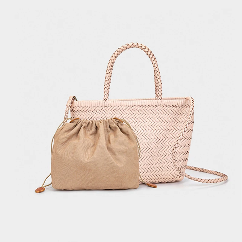 Hand-woven Genuine Leather Woven Casual Vegetable Basket Bag With Casual Woven Inside Bag Vintage Shopping Bag Tote Bag