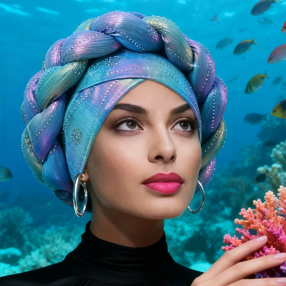 

Shiny Colorful Turban Cap for Women Braid Hijab Muslim Headscarf African Auto Gele Headtie Nigeria Wedding Geles Bonnet Hat