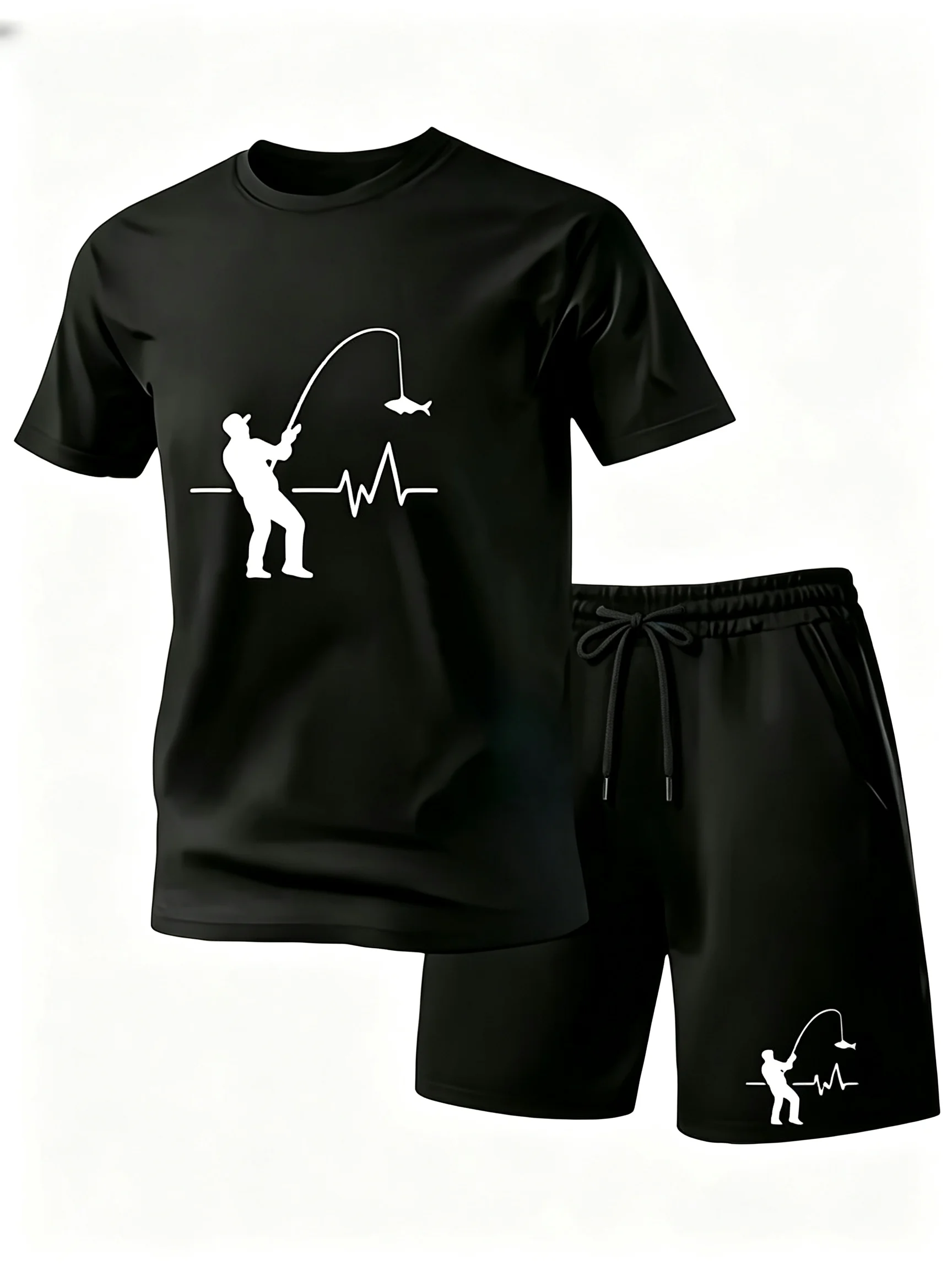 Men 2 Piece Mesh Short Set, Crew Neck T Shirt + Shorts, Fishing Print, Quick Dry Breathable Summer Gym Running Casual Sportswear