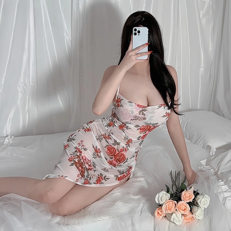 

Сексуальное женское белье, ночная рубашка, сетчатый принт, распашной воротник, без бретелек, юбка нестандартной формы, подтяжки, домашняя одежда